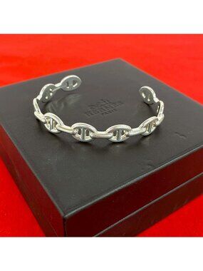 Hermes Box Enchainee Bangle 925 Sterling Silver Bracelet